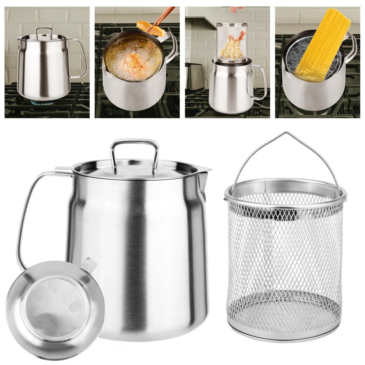 2L Recipiente Filtro Aceite, Versátil de Gran Capacidad Recipiente Aceite con Colador con Tapa de Colador y Cesta para Freír Oil Filter Pot para Cocina Camping Almacenar Alimentos con Grasa