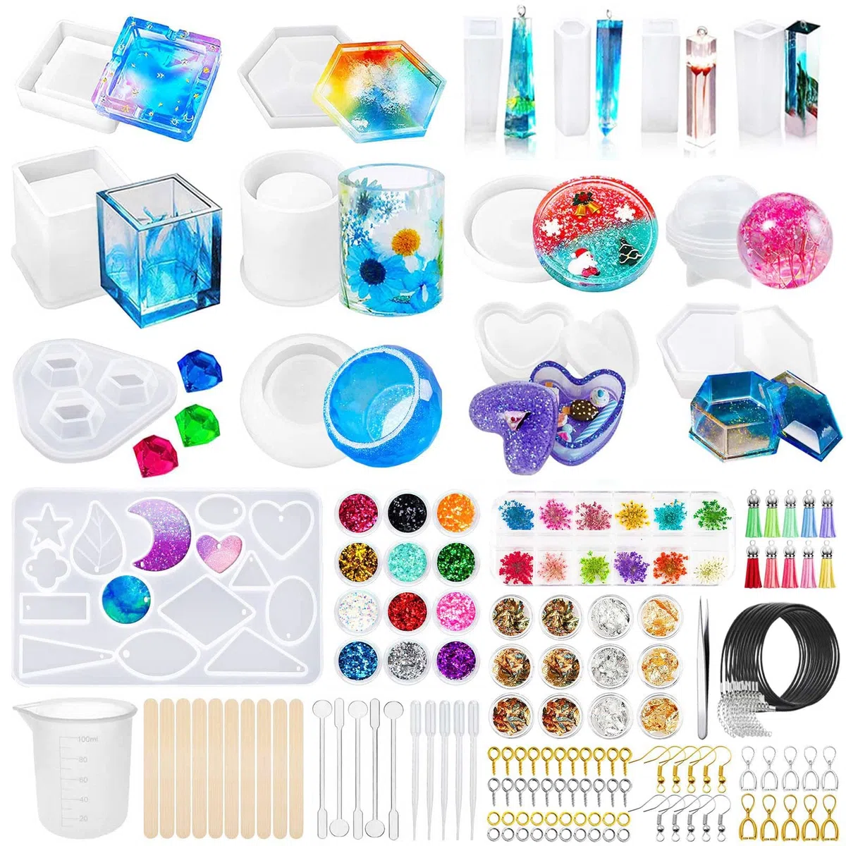 JOYBOY Molde Silicona Resina,120pcs Moldes de Resina Epoxi,Kit de Molde con Accesorios,Redondo,Esfera,Cubos,Diamante para Manualidades Joyería DIY etc