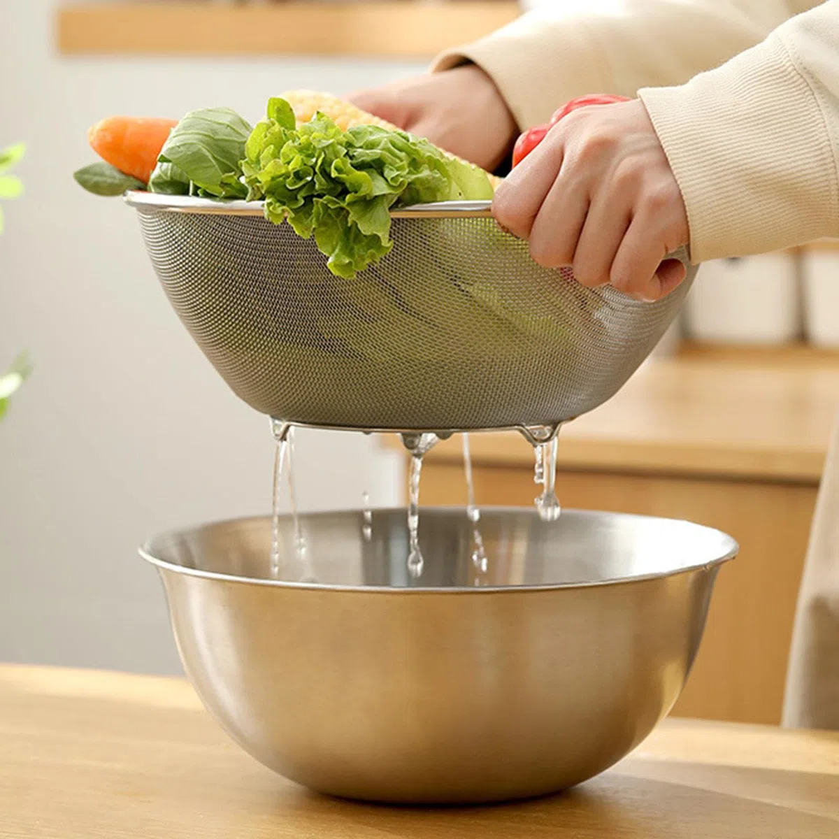 2 escurridores con lavabo, cesta para lavar, colador microporoso de acero inoxidable 304 con cuenco para mezclar, 24CM
