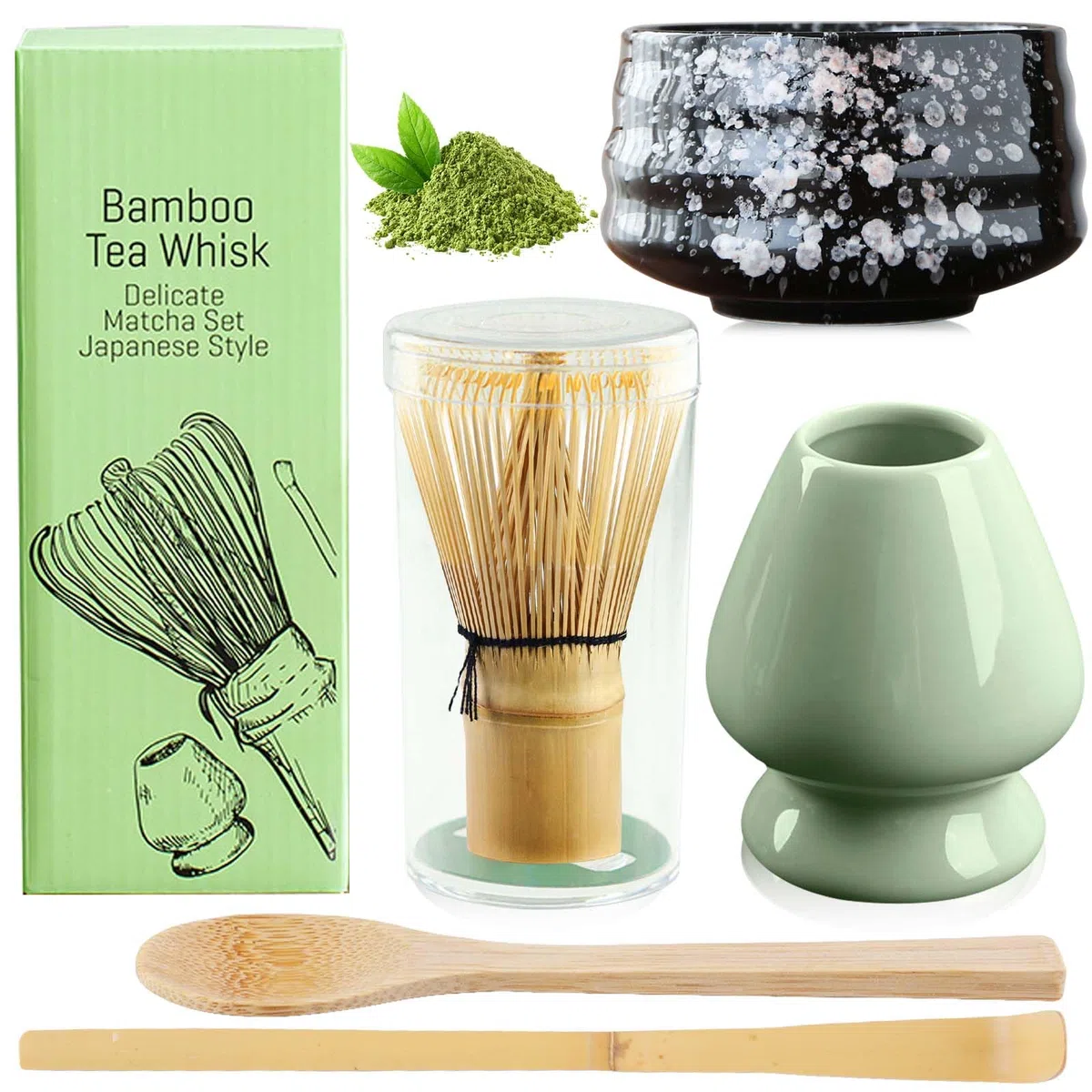 BAIFULAI Juego de 5 Matcha, juego de té matcha, juego de batidores Matcha, cuenco de cerámica, cucharilla, soporte para batidor, accesorio japonés para ceremonia matcha