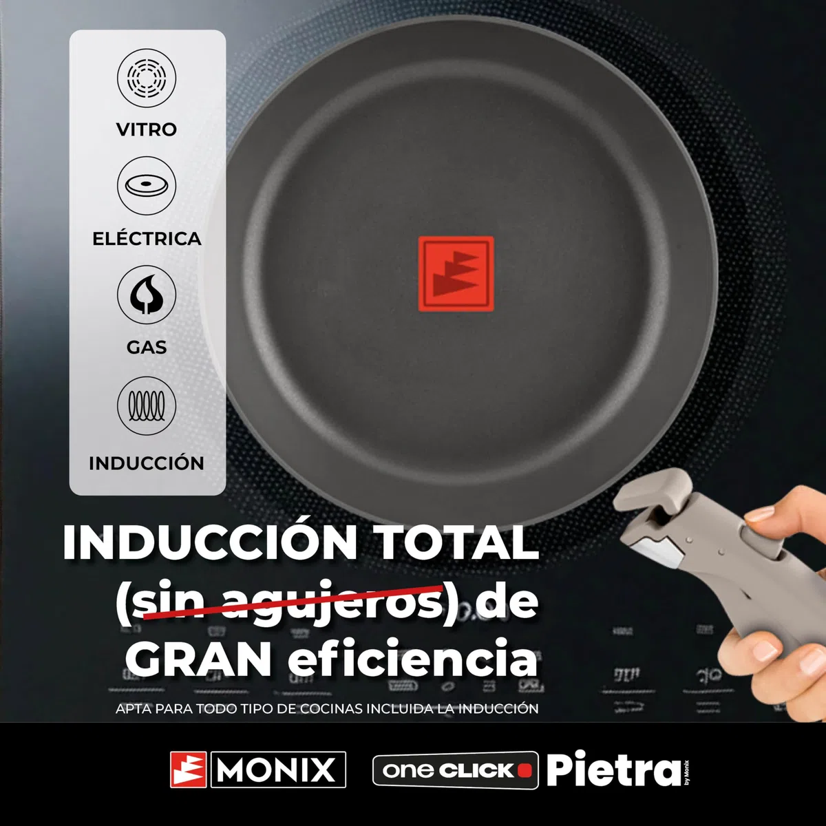Monix One Click Pietra | Set 3 sartenes apilables, 20-24-26 cm, Antiadherentes, Mango desmontable, Indicador Temperatura Thermonix, Sin PFOA, Apta para todo tipo de Cocinas
