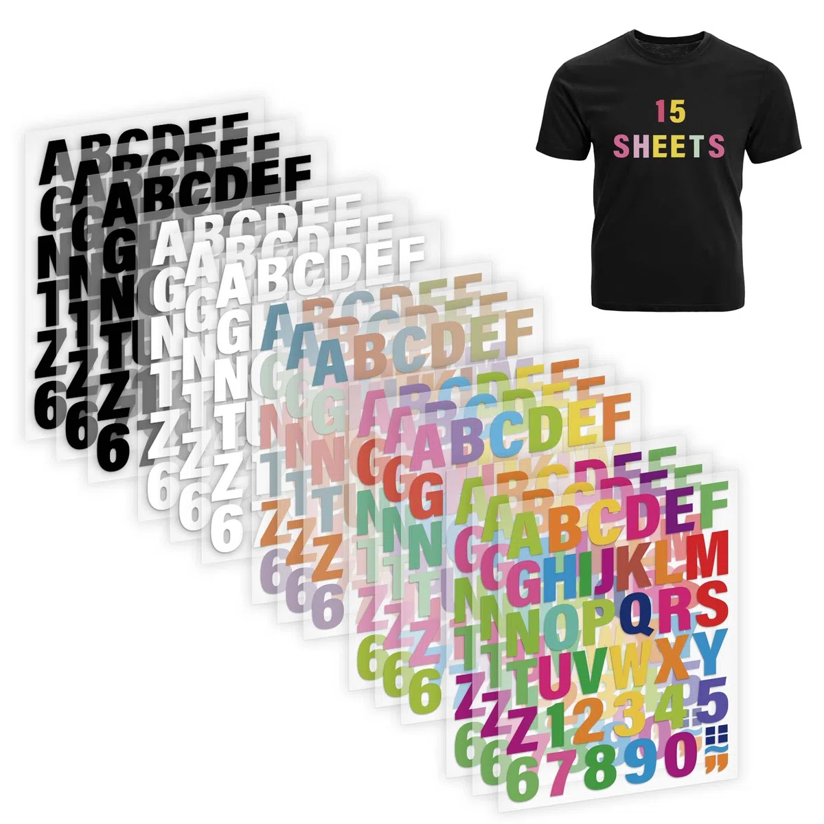 Letras para planchar para ropa, 15 hojas, 645 piezas de vinilo de transferencia de calor de poliuretano de varios colores, calcomanías de alfabeto y números de 2 pulgadas para camisetas, fácil