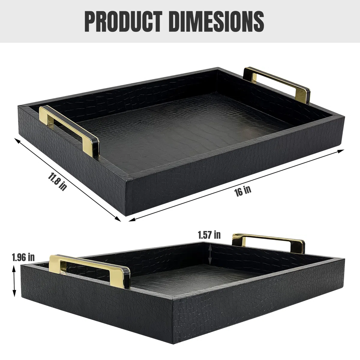 Bandeja de servir negra con asas, bandeja decorativa grande de piel sintética de cocodrilo, mesa de café, bandejas rectangulares otomanas para decoración del hogar, para todas las