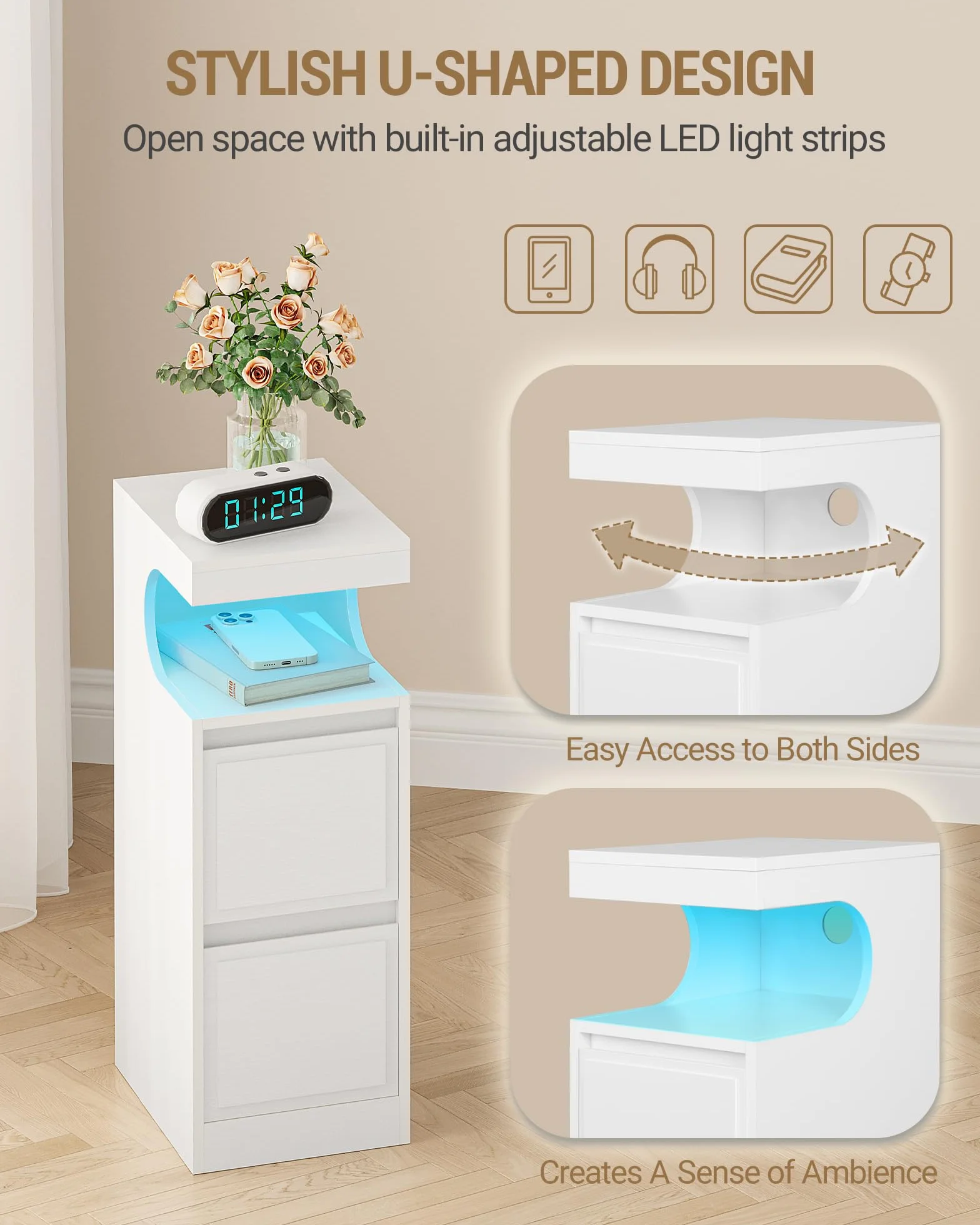 Hzuaneri Mesilla de Noche con LED, Mesas Auxiliares con 2 Cajones, Mesilla de Noche con Compartimento Abierto, luz Regulable, para Dormitorio, Salón, 30 x 24 x 65 cm Blanco NS39113X