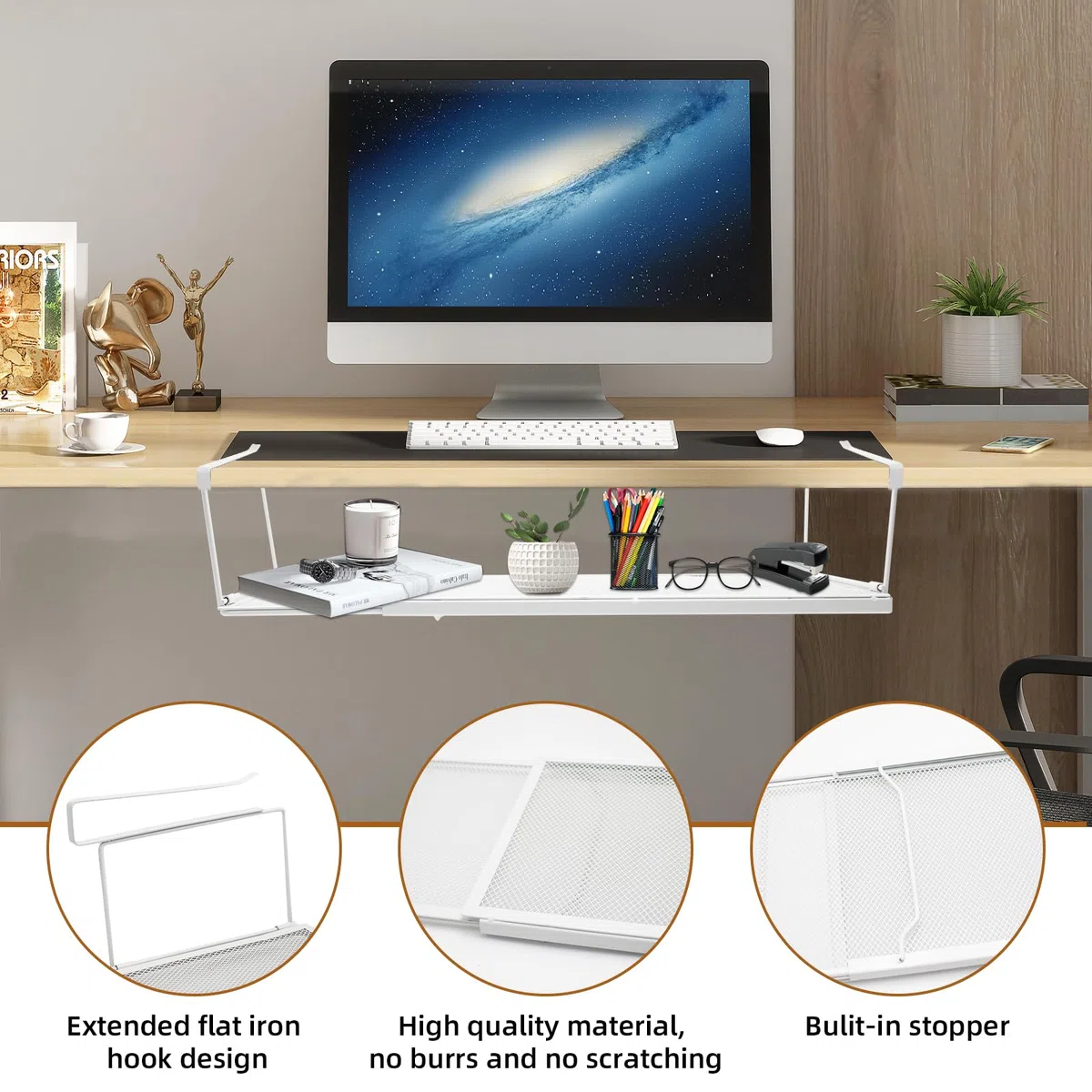 Ajustable Cesta Colgante para Debajo de la Estantería, Almacenaje de Cocina bajo Balda Estante de Metal para Colgar Debajo del Dscritorio 38.5-70 cm, para Armarios de Cocina (Blanco)