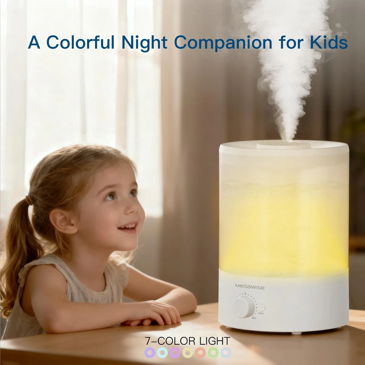 Megawise topfil 7 color Humidificador de lámparas nocturnas para dormitorios infantiles, capacidad 3.5l, diseño sin fugas, salida de niebla apagada automáticamente