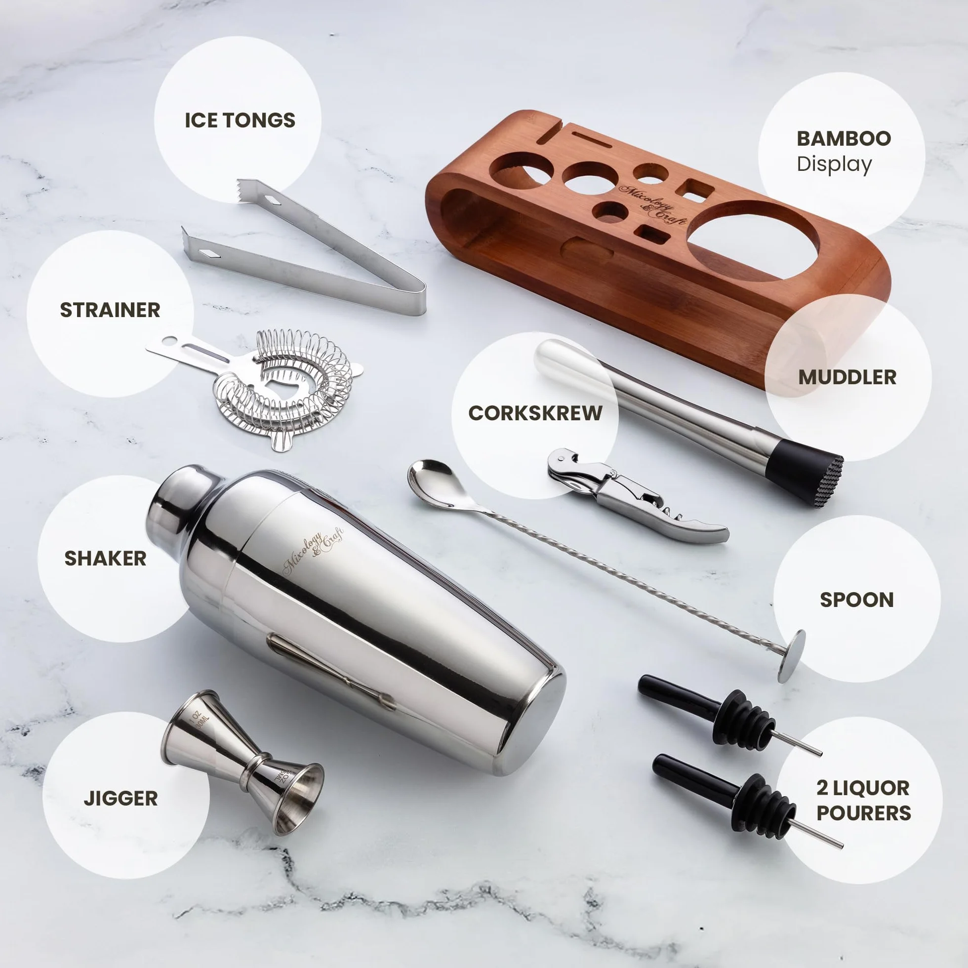 Mixology Bartender Kit: 10-Piece Bar Tool Set with Mahogany Stand | Perfect Home Bartending Kit and Martini Cocktail Shaker Set For a Perfect Drink Mixing Experience | Fun Housewarming Gift (Silver)