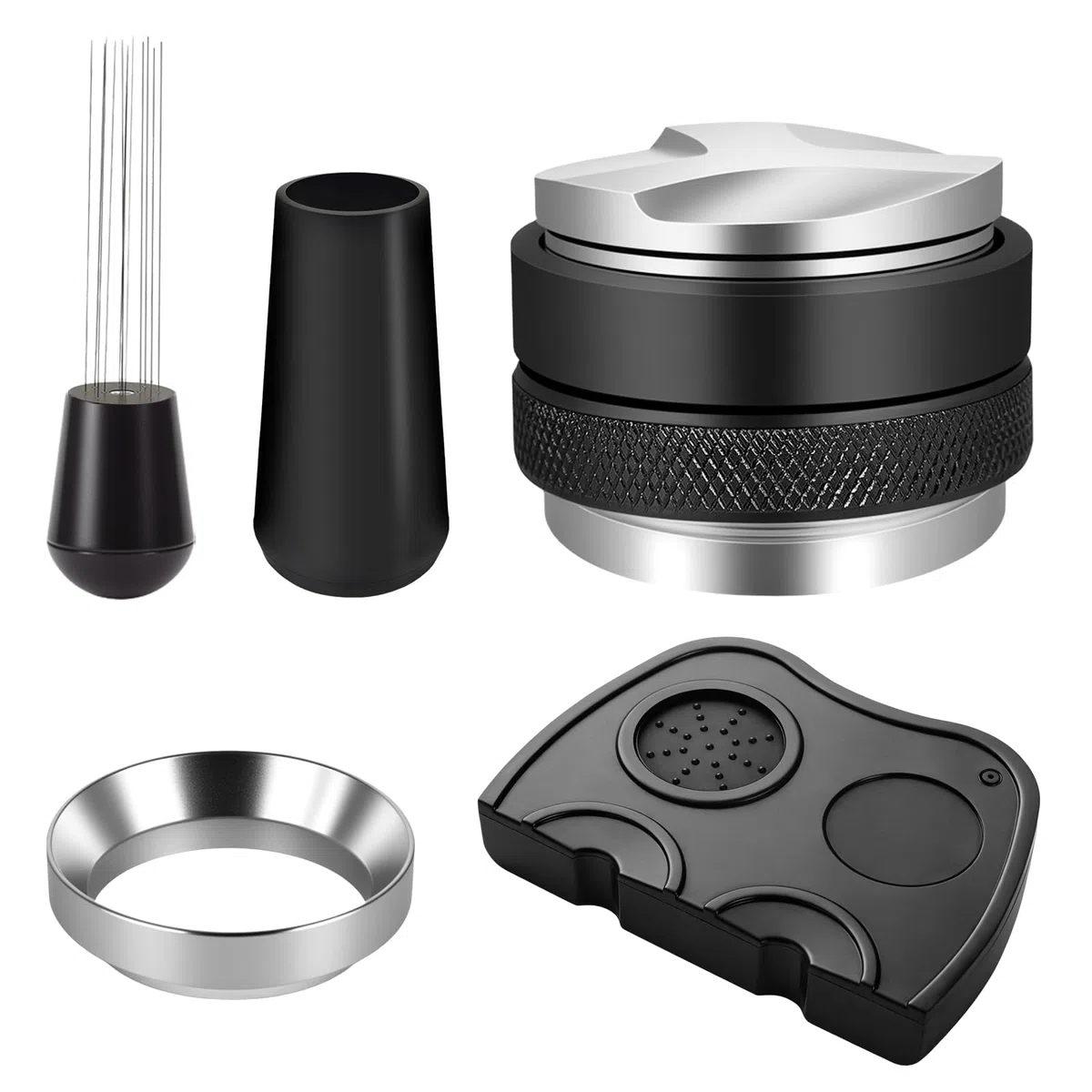 Set Accesorios Cafe 51mm, Kit Barista con Tamper 51mm, Anillo Dosador 51mm, Herramienta WDT Cafe 12 Agujas (0.35mm), Distribuidor Cafe 51mm y Alfombrilla Silicona - Prensador de Cafe para Cafeterías