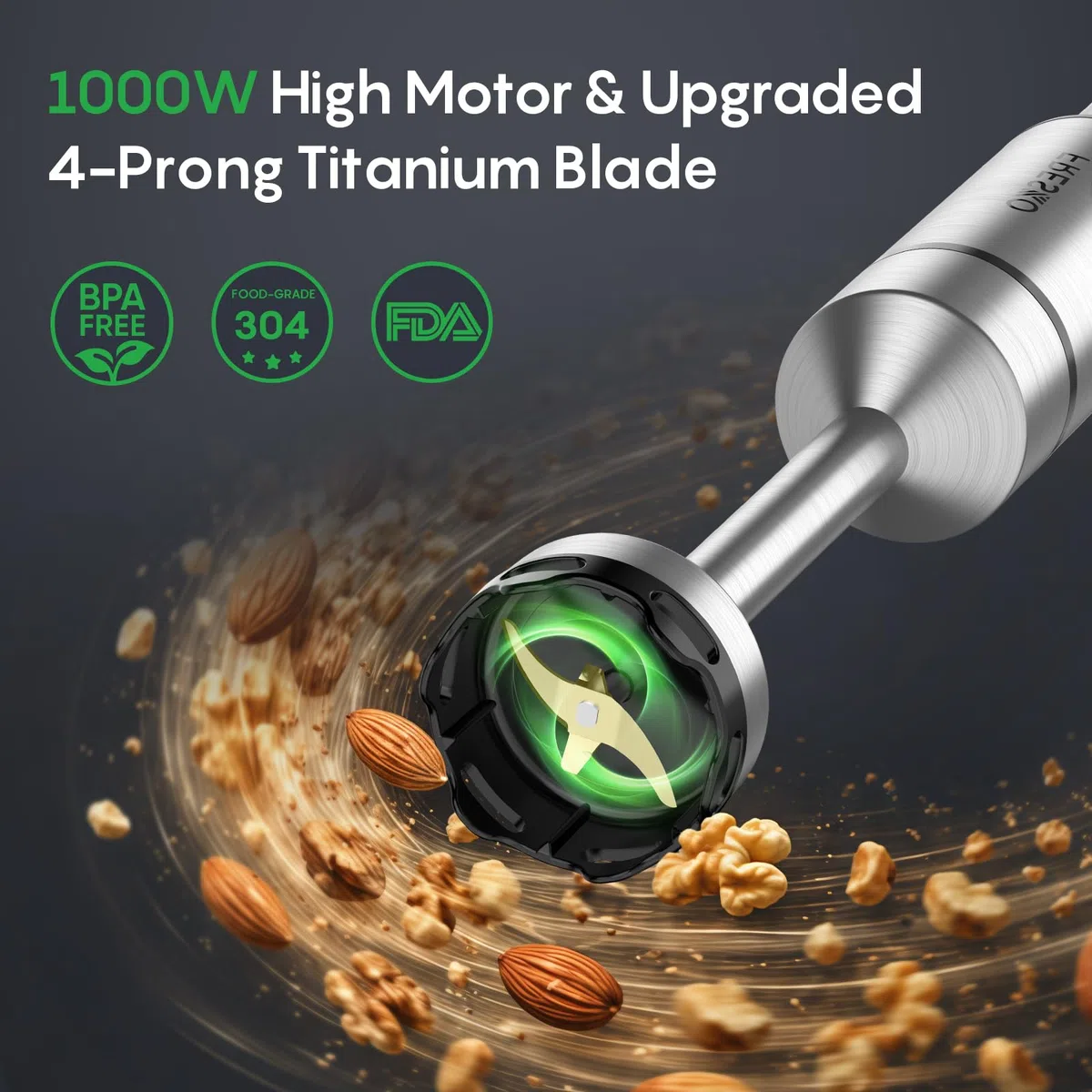 FRESKO Batidora de mano 1000W, Batidora de inmersión profesional con velocidad variable continua, 4 cuchillas de acero inoxidable, Antisalpicaduras, para sopas, batidos y papillas