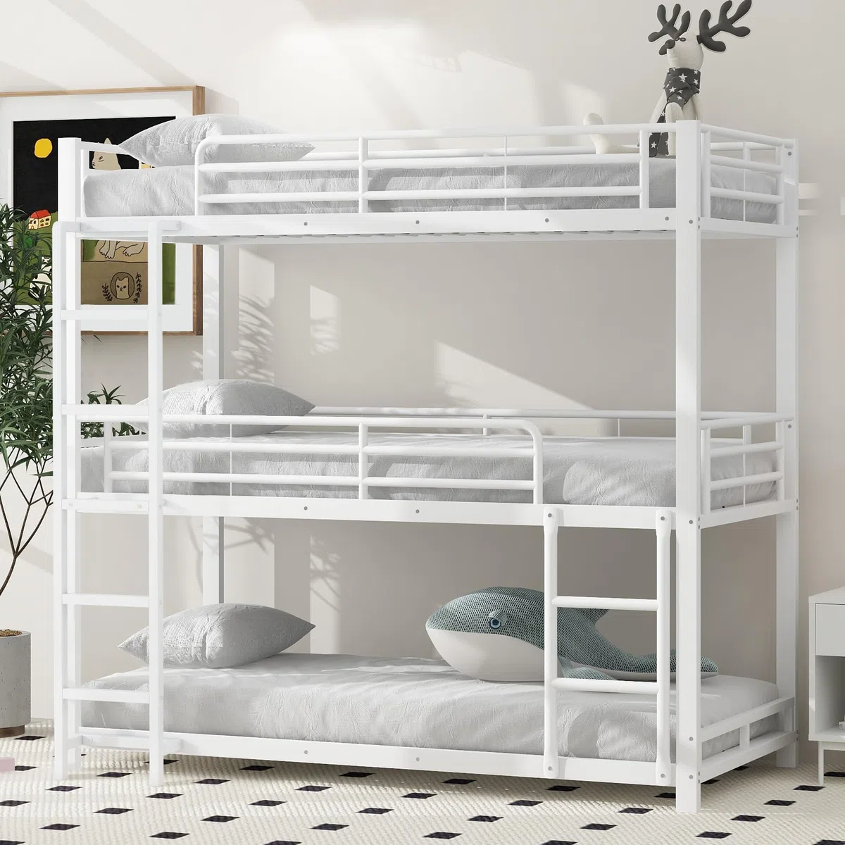 Lcoho Cama de metal, litera, cama de hierro, litera triple para niños, adolescentes y adultos (blanco)