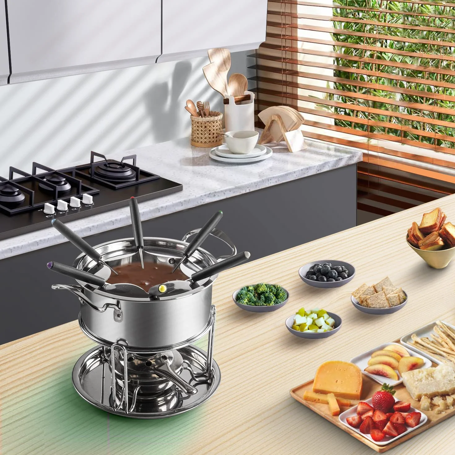Set de Fondue de Queso para 6 Personas Fondue de Acero Inoxidable Hogar DIY Fondue de Carne y Queso Juego de Fondue con Quemador Perfecto para una Fiesta de Vacaciones（Plata o2）