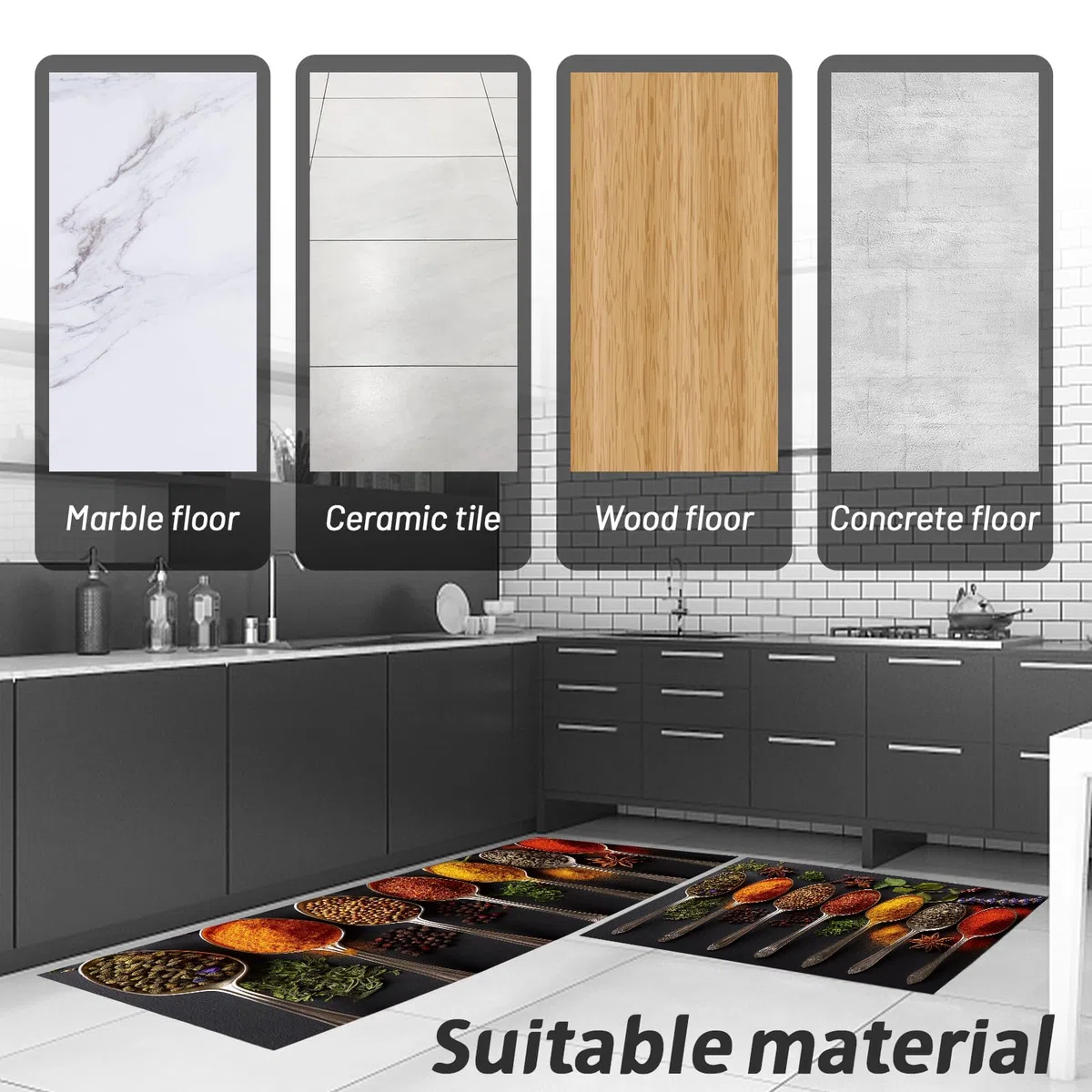 2 Piezas Alfombras Cocina, Ingredientes Y Especias Lavable Antideslizante Alfombrilla Respaldo, Moderno Corredor Alfombrillas Cocina para Pasillo, Comedor Y Entrada 43X75Cm+43X150Cm