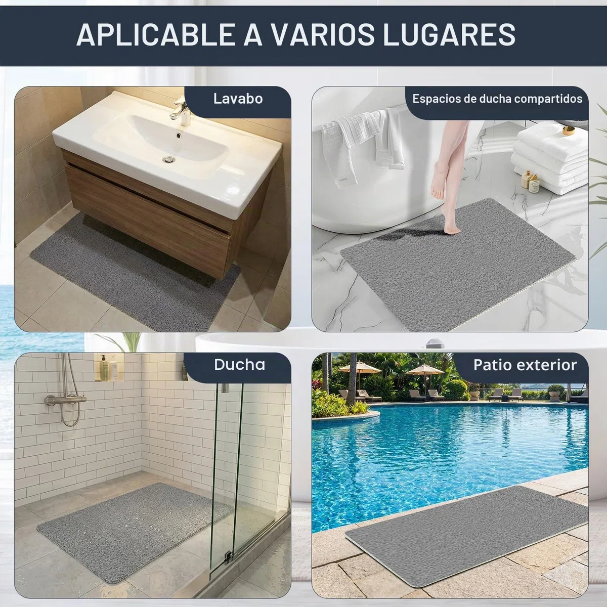 Alfombra de Baño Antideslizante 60x60cm Cuadrado, Alfombrilla de Ducha de PVC con Textura de Luffa, Alfombra Antideslizante para Ducha, Secado Rápido Gris