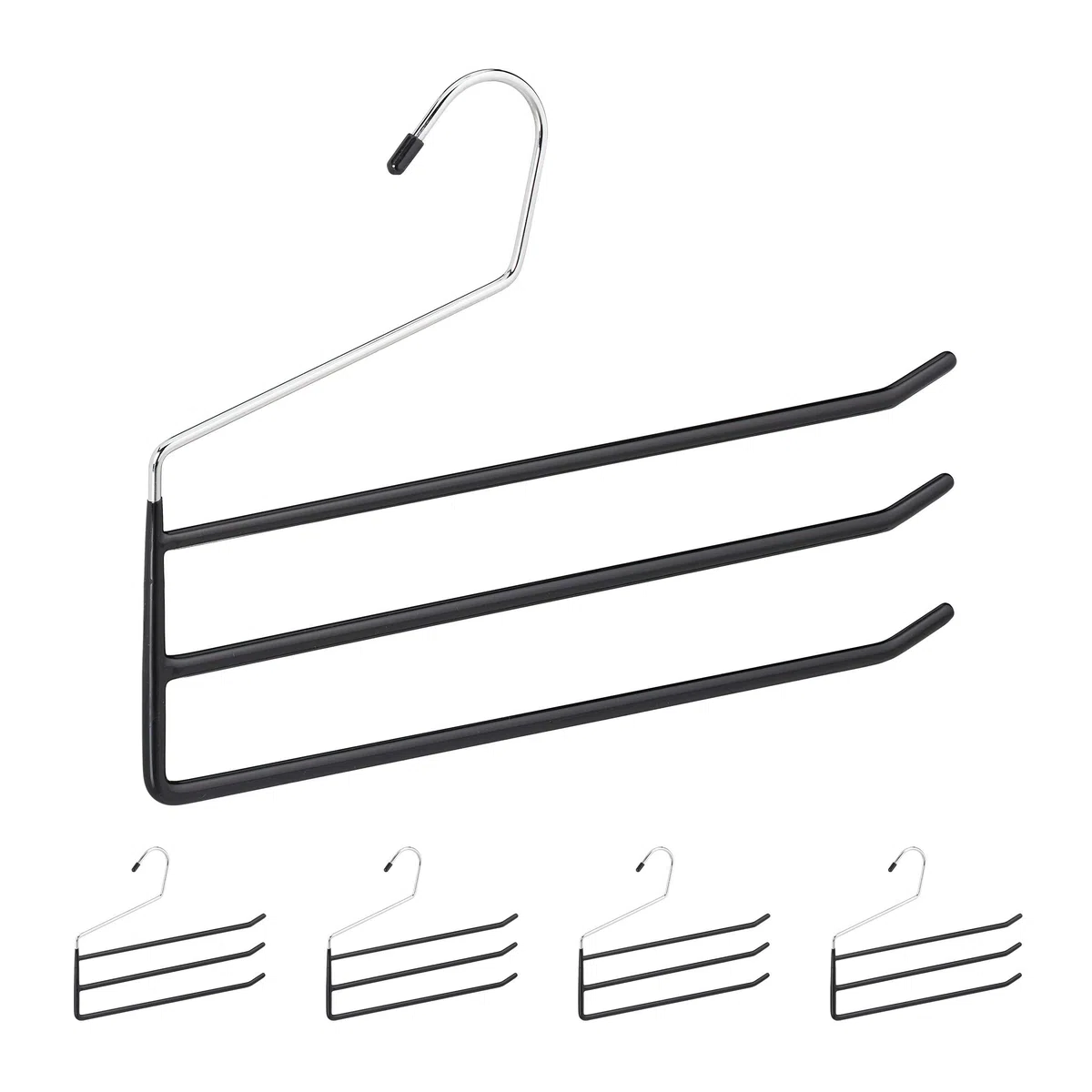 Relaxdays Pack de 5 Perchas Pantalones, Múltiples, para Faldas, 3 Barras Antideslizantes, Gancho Fijo, Metal-PVC, Negro