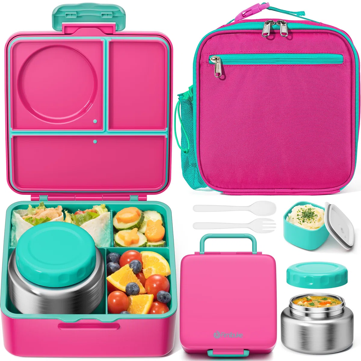 Fimibuke Bento Box para niños y adultos con tarro térmico de 8 onzas y bolsas de almuerzo aisladas, a prueba de fugas, apta para lavavajillas, contenedor de alimentos con 3 o 4 compartimentos para