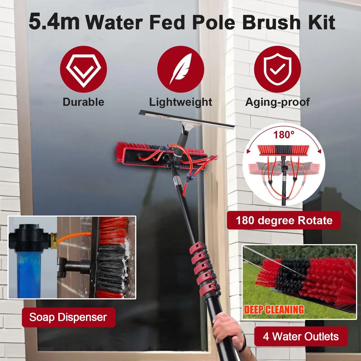 Genérico Kit de Cepillo para Ventanas con Panel Solar de Largo Alcance, pértiga telescópica con alimentación de Agua de 3,6-10,8 m, escobilla de Goma y 2 dispensadores de jabón y Polvo para