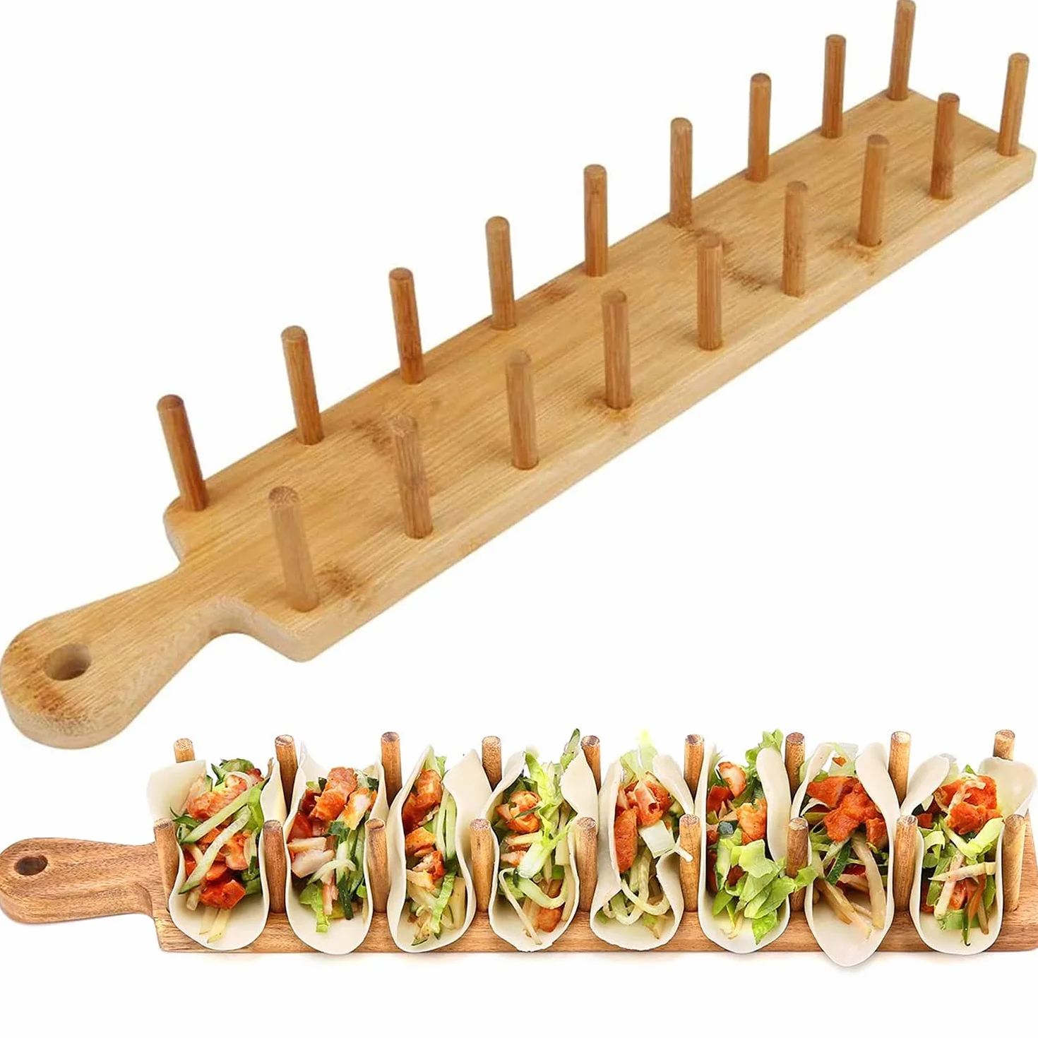 Soporte De Tacos De Madera, Soporte De Bandeja De Soporte De Taco De Bambú Que Puede Contener Hasta 8 Tacos Cada uno, Para Servir Bandejas De Tacos De Estilo Alimenticio De Cáscara Suave (1)
