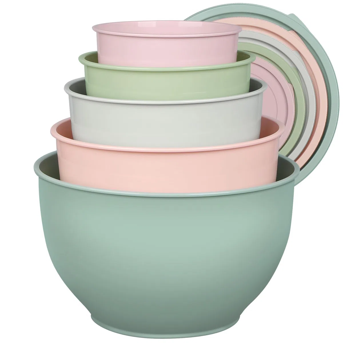 Greentainer Juego de 5 Cuencos Plástico para Mezclar con Tapas, 0.8L-4.7L, Apilables y Anidables, Sin BPA, Apto Lavavajillas y Microondas, para Frigorífico y Congelador, Multiusos Cocina（gris y rosa）