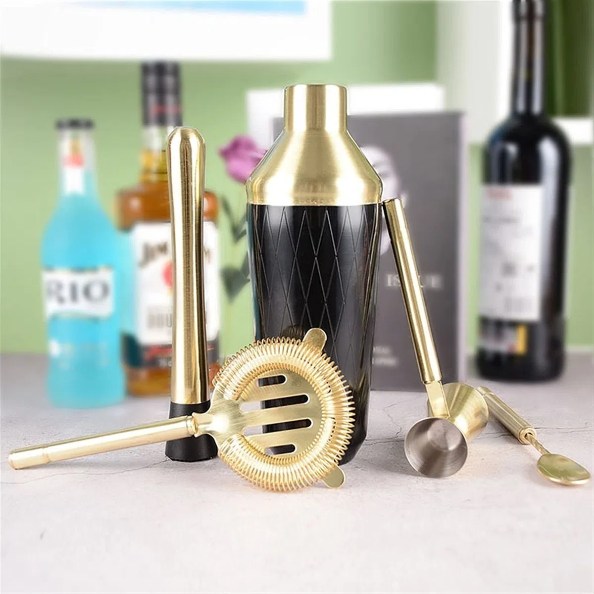 Juego de Coctelera Cocktail Shaker Bar Set con Accesorios - Kit de Martini con Jigger de medición y Cuchara de Mezcla, colador, Herramientas de Barra Profesional de Muddler Agitador de Cócteles