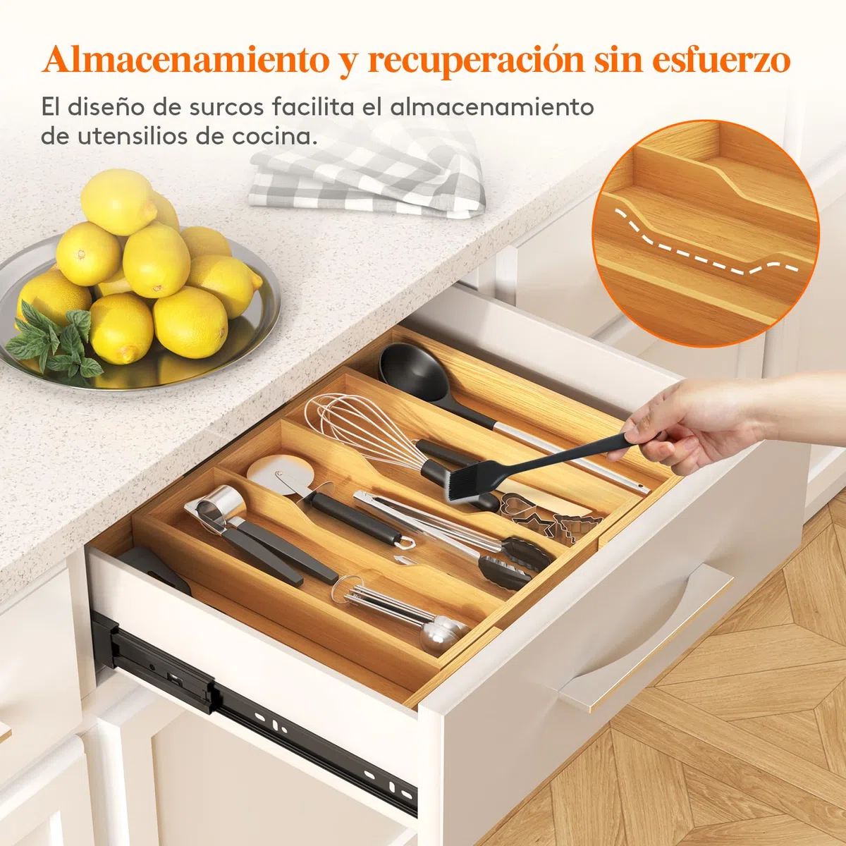 Lifewit Organizador Cajon de Utensilios Cocina, Bandeja para Cuchillos Extensible,Bambu Separador Set Cubiertos, Ajustables Divisores para Almacenaje Herramientas y Gadgets de Espátula, Grande Natural