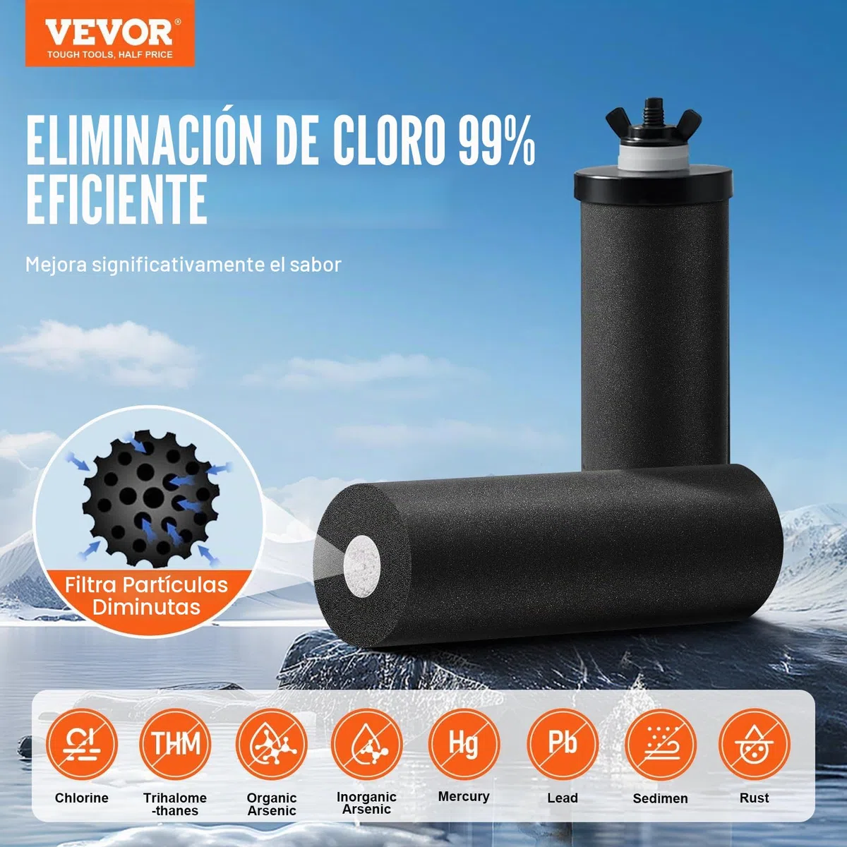 VEVOR Sistema de Filtración de Agua por Gravedad 8,5 L Acero Inoxidable 304 Filtro de Agua por Gravedad Reducción de Plomo y hasta 99% de Cloro con 2 Filtros de Agua, Grifo y Soporte para Hogar