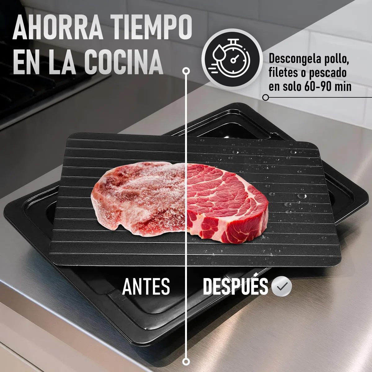 Tabla Descongelación Rápida Alimentos - Placa de Aluminio 35,5X20,5X0,2cm con Cepillo Silicona y Pincel - Bandeja Reutilizable y Profesional para Carne Pescado Pollo - Cocina Higiénica | Three Stars