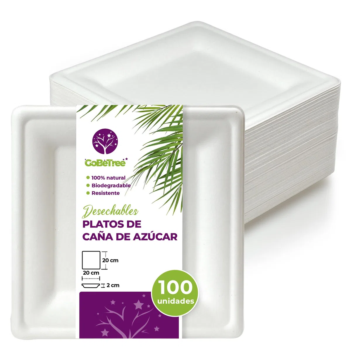 GoBeTree 100 platos de caña de azúcar cuadrados de 20 cm blancos. Platos desechables extrafuertes, Para camping, picnic, fiestas, barbacoas, cumpleaños.