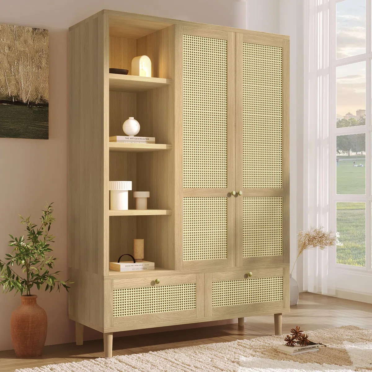 Moimhear Armario de 120 x 50 x 180 cm, con 2 puertas y mimbre trenzado, estante abierto, barra para colgar ropa, 2 cajones, protección antivuelco