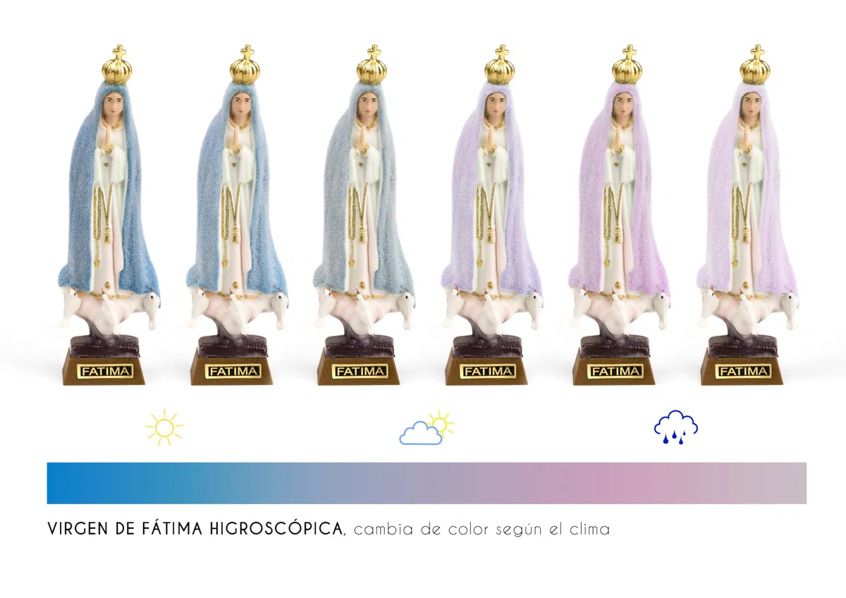 Estatua de la Virgen de Fátima. El Color Azul Indica Día Soleado, el Violeta Inestable y el Rosa, Día Húmedo o de Lluvia. Altura 12 cm. Figura Virgen Fatima