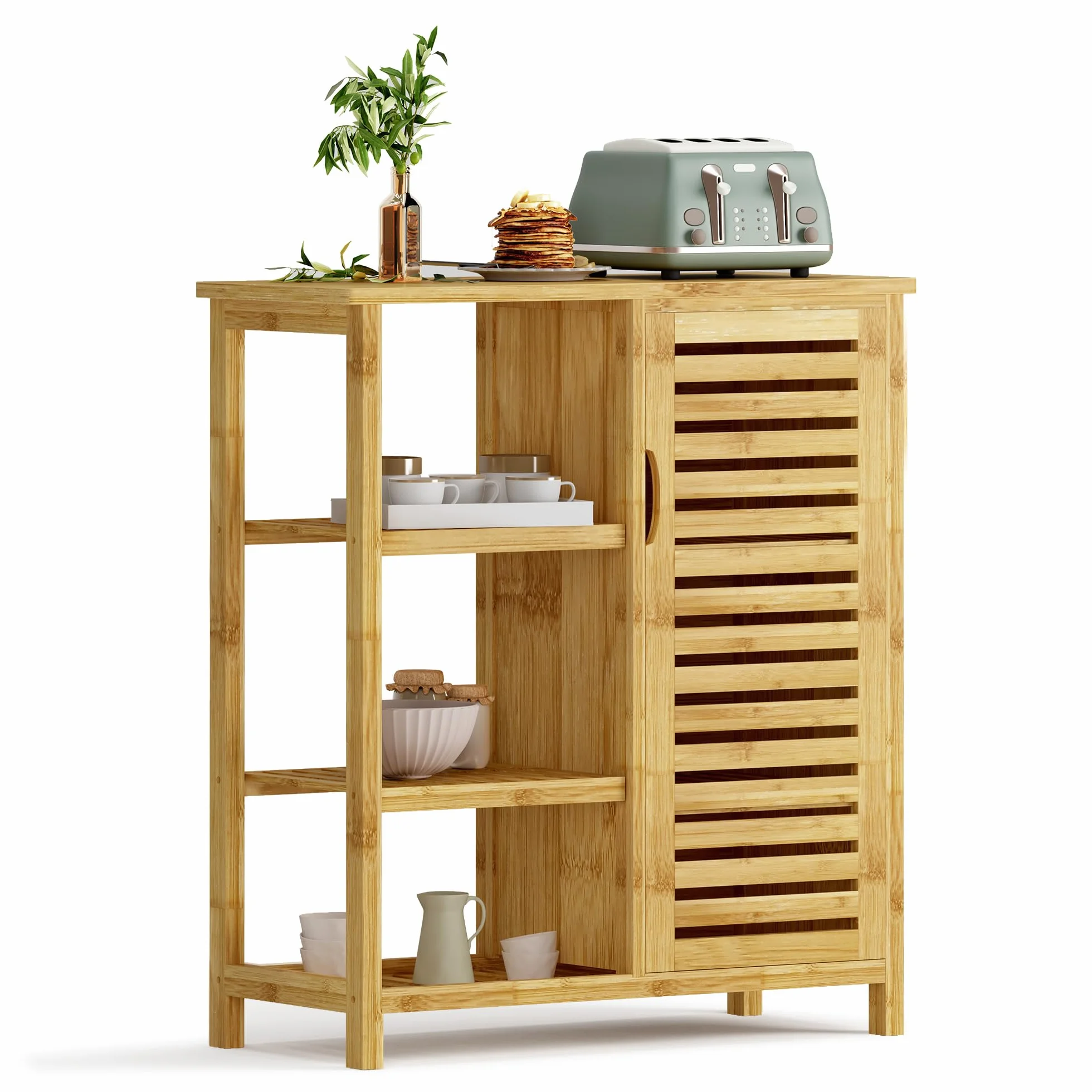 SogesPower Gabinete de Almacenamiento de Piso de baño con Puerta y estantes, Organizador de Almacenamiento Independiente con Puerta de Obturador, gabinete de bambú de 3 Niveles para Cocina, Sala