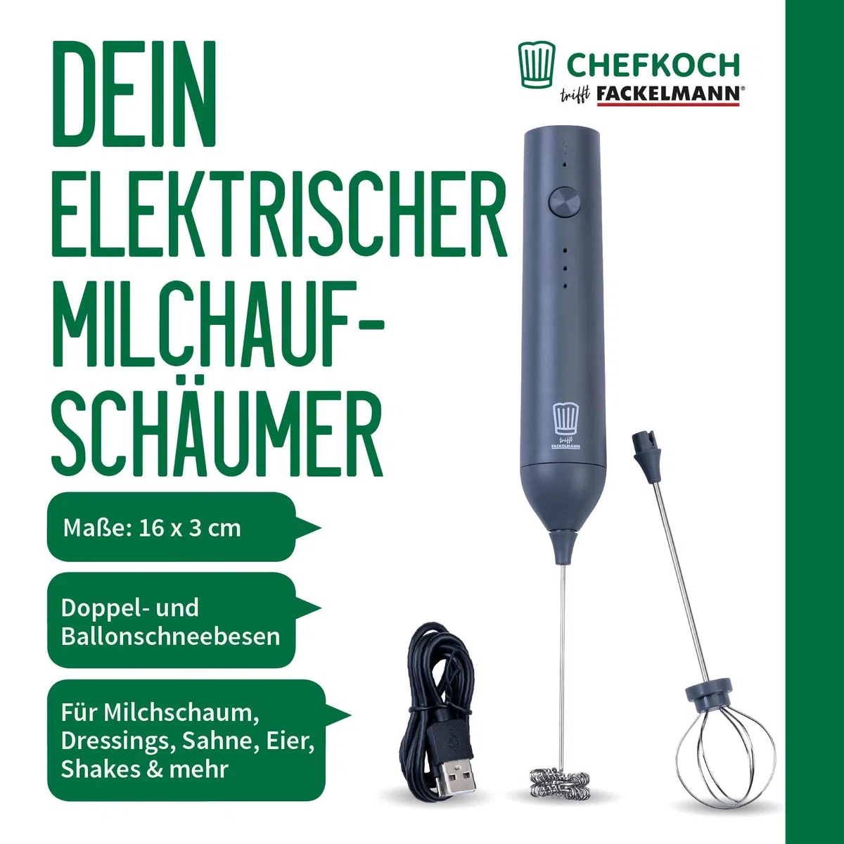 Chef Meet Fackelmann - Espumador de leche eléctrico (incluye 2 batidores de varilla, recargable por USB-C, 3 velocidades), color gris oscuro