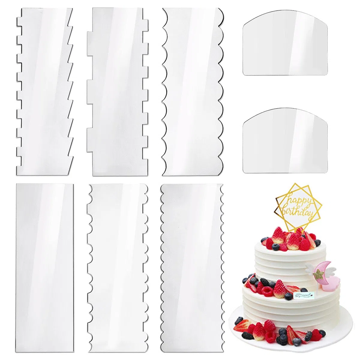 Rascador para tartas, peine para repostería, herramienta para hornear, herramientas de cocina, raspador de pasteles, más suave en 13 patrones para diferentes formas de bordes de tartas, transparente