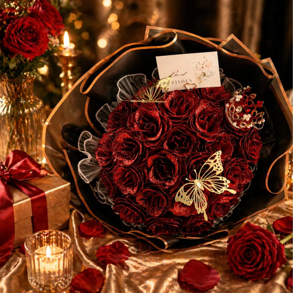 DRAKEWOOD Ramo de Rosas Purpurina Rojas con 24 Piezas Rosas Artificiales Burdeos Mariposa Corona y Tarjetas - Ramo de Flores Brillantes para San Valentín Compromiso Boda Aniversario día de la Madre