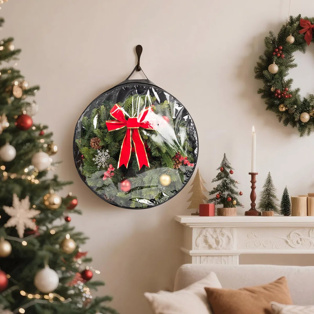Paquete de 3 bolsas de almacenamiento de corona de Navidad con ventana transparente – Organizador impermeable negro de PE/PVC para decoración navideña, guirnaldas y adornos | Cierre de cremallera y