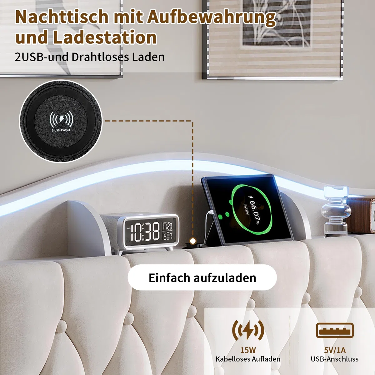 Cama tapizada de 160 x 190 cm con espacio de almacenamiento, cama doble con LED, cama hidráulica con somier, cama con somier, cama juvenil con espacio de almacenamiento y cabecero, para