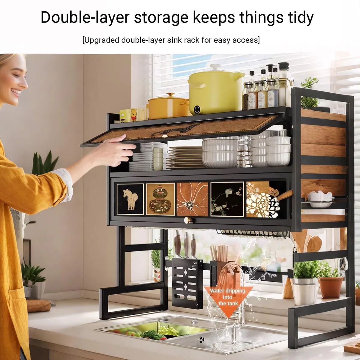 Escurridor de platos sobre el fregadero con tapa, soporte para utensilios que ahorra espacio para platos, vasos, cuencos y cubiertos, perfecto para cocinas pequeñas