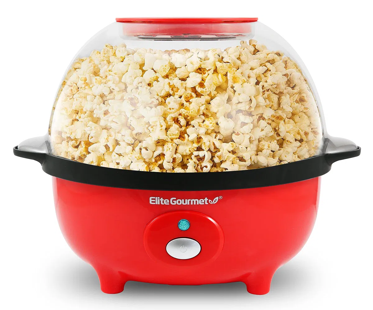 Elite Gourmet Automatic Stirring Popcorn Maker Popper, Electric Hot Oil Popcorn Machine with Measuring Cap & Built-in Reversible Serving Bowl, Great for Home Party Kids, Safety ETL Approved, Red