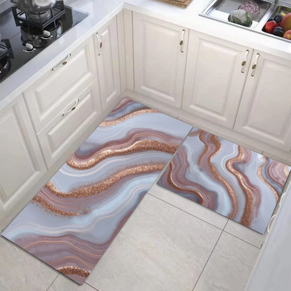 Juego De Alfombras De Cocina Patrón De Ágata Oro Rosa Antideslizantes De 2 Piezas, Alfombra De Cocinas Lujo Moderno para Piso, Impermeable para Aceite Cocina, Baño, 40x60cm+40x120cm