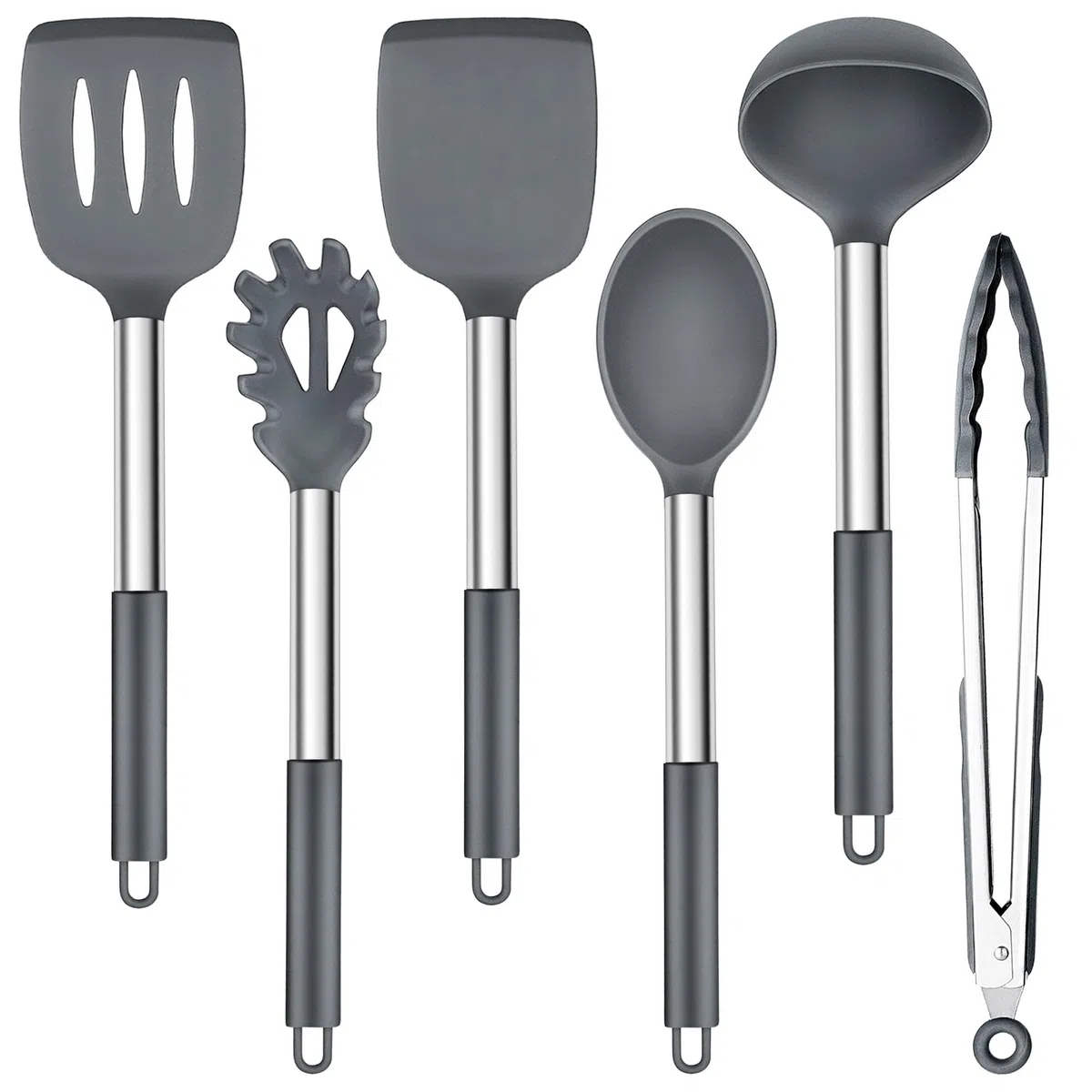 Herogo Juego de 6 utensilios de cocina de silicona, color gris, mango de acero inoxidable, resistente al calor, antiadherente, incluye pinzas, volteador, espátula, regalo ideal