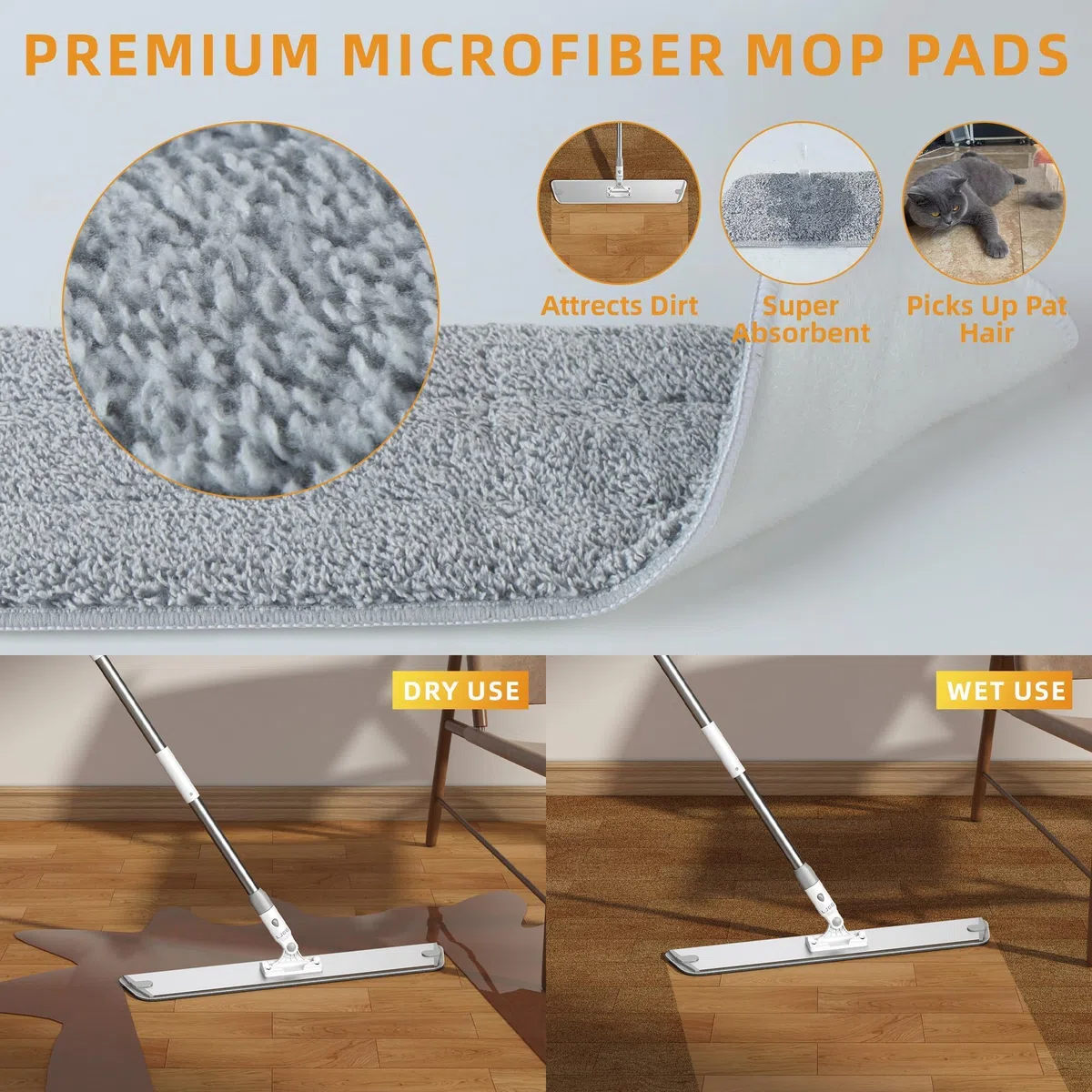 Mopas de Microfibra para Limpieza de Suelos, Herramienta de Limpieza de zócalos de 24 Pulgadas, mopa Plana para Piso Laminado de Madera Dura, Azulejos de Vinilo, mopa de baño y Cocina con 4