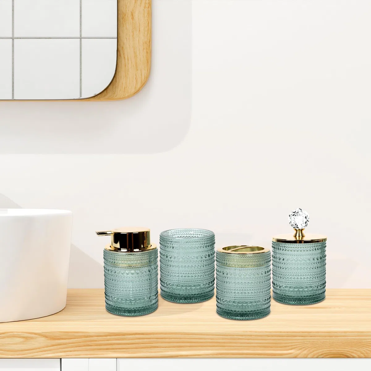 FEILANDUO Juego de accesorios de baño, 4 accesorios de baño de cristal, decoración de baño, dispensador de jabón, juego de soporte para cepillo de dientes, tarro de boticario, regalo para el