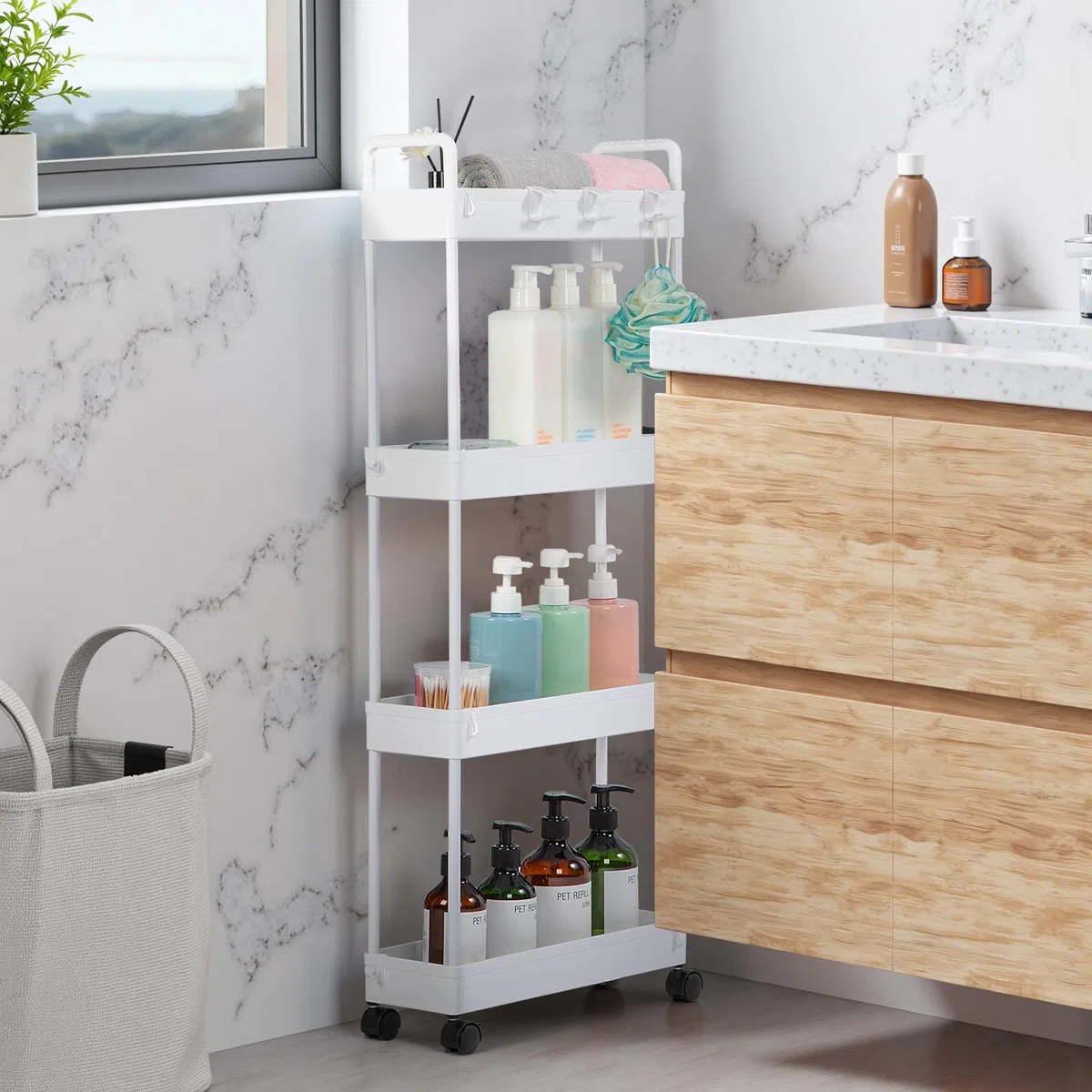 FoiiLiio Carrito Auxiliar de 4 Niveles,Carro de Cocina Estrecho Alto con Ruedas,Carro de Almacenamiento,Carrito con Ruedas para Cuarto de baño,Cocina,38.8 x 12.5 x 90.7 cm,Negro