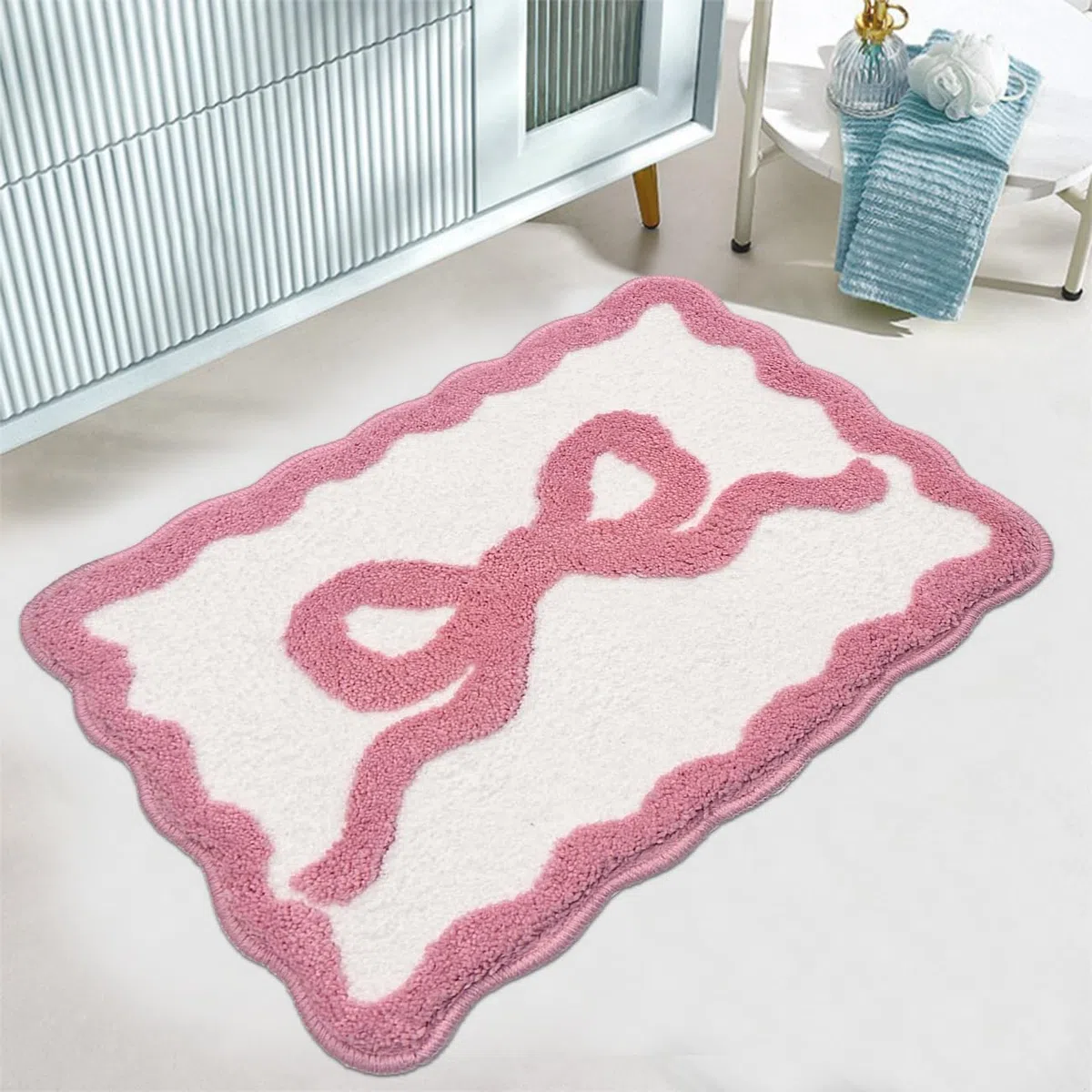 Alfombra de baño festoneada con lazo rosa, extra suave, bonita decoración estética, absorbente de agua, de secado rápido, antideslizante, para baño, bañera, fregadero, ducha, alfombra de suelo