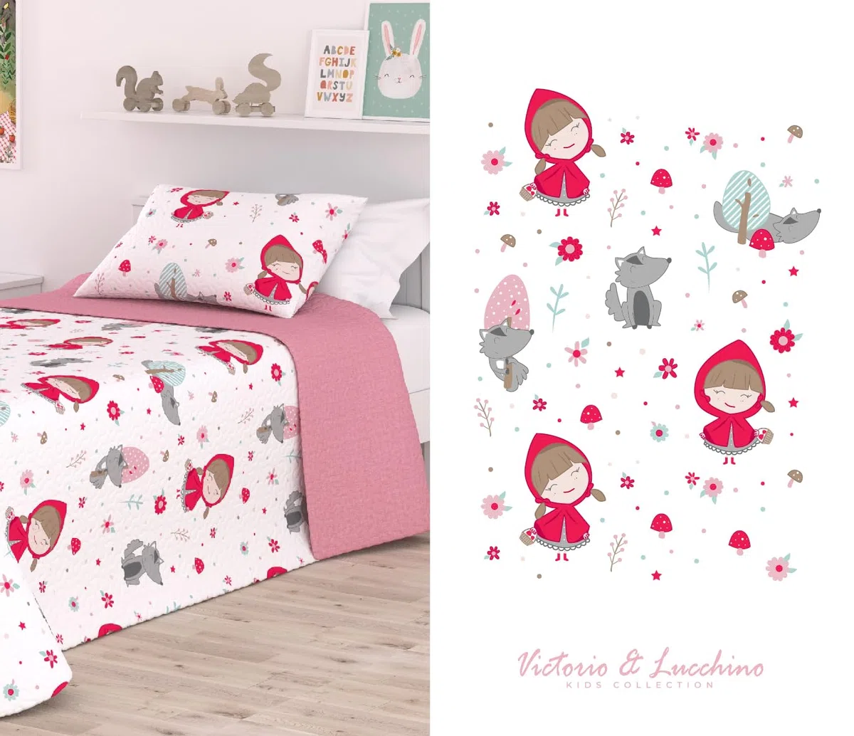 Victorio & Lucchino Colcha Infantil de Verano y Primavera. Ligera Colcha cubrecama de Microfibra. Incluye Funda de cojín. (Caperucita con COJÍN, Cama 90cm)