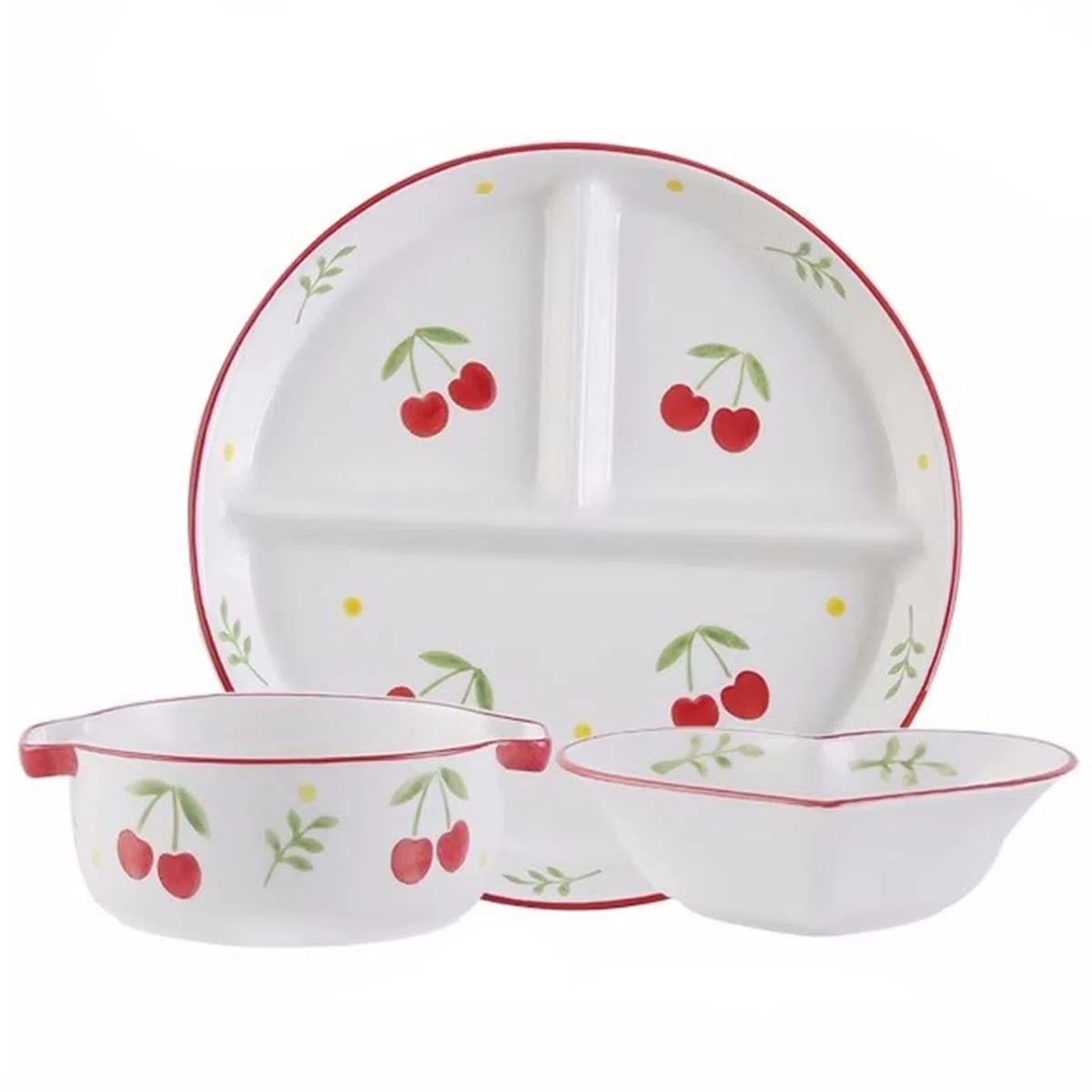 Juego de 3 cubiertos bariátricos para control de porciones, plato dividido y cuencos de sopa para control de peso, elegante color blanco con patrón de frutas, perfecto para una alimentación saludable