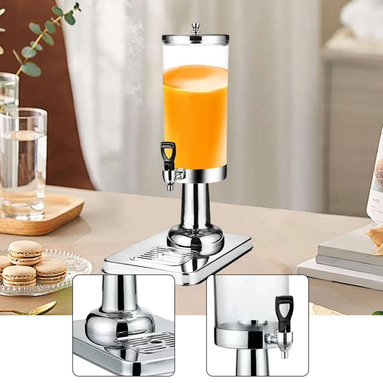 Dispensador de Bebidas con Bandeja Antigoteo, Recipiente de 3 litros para de Hotel, Plata, Individual