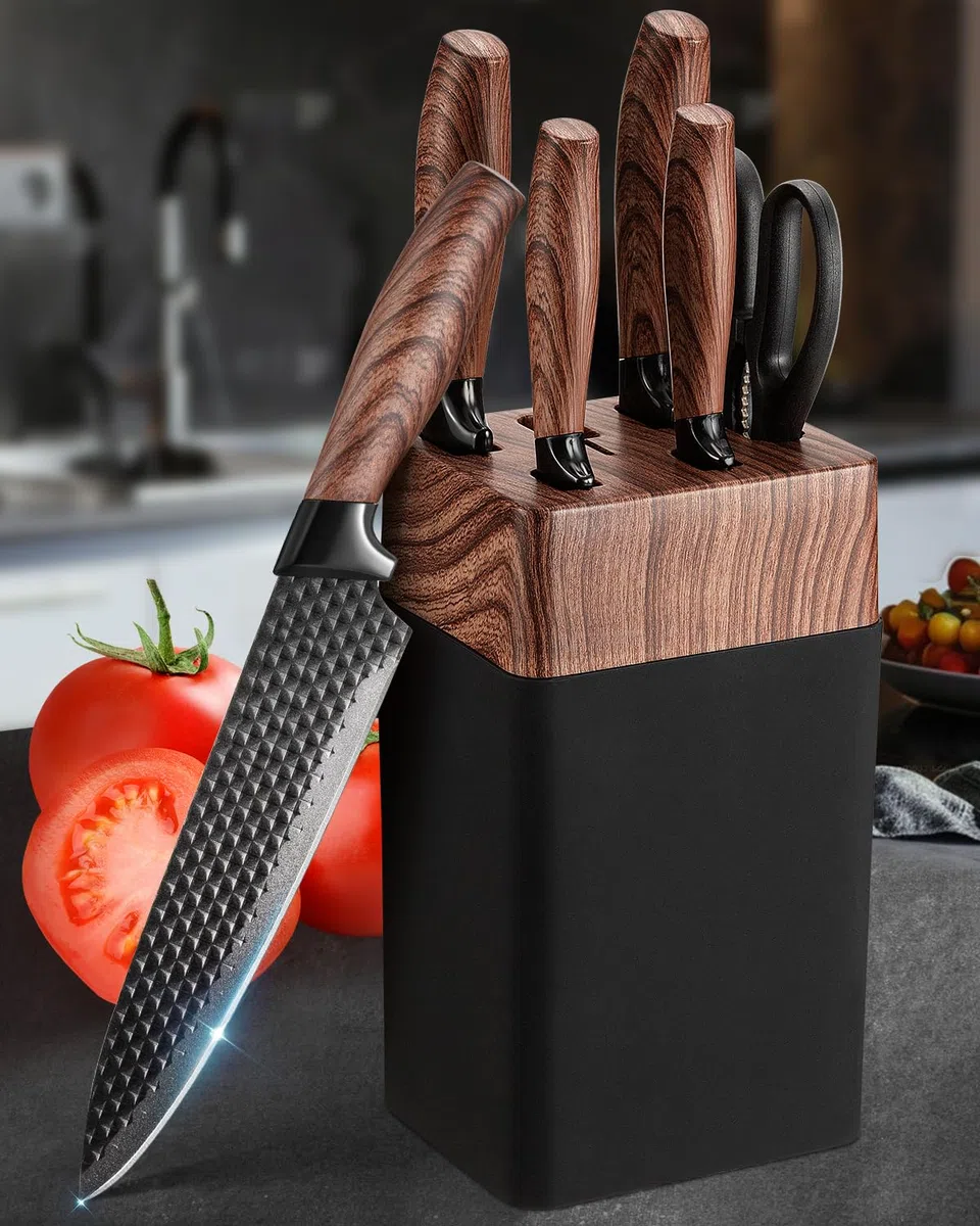 Set Cuchillos Cocina, 7 Piezas Juego de Cuchillos de Cocina con Bloque, Acero Inoxidable Alemán y Mangos Ergonómicos, Juego Cuchillos Cocina Profesional Para Uso Doméstico（No de Madera）