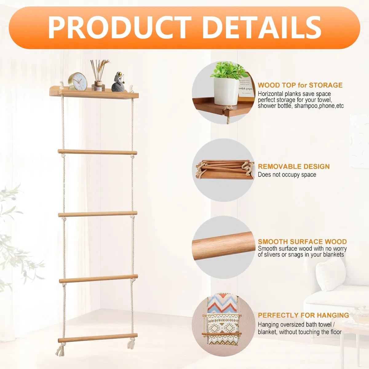 Escalera Toallero 5 Niveles, Toalleros Pared de Baño Estantería de Escalera Inclinada con Estante Escalera de Cuerda Escalera Decorativa Madera para Dormitorio Accesorios Baño