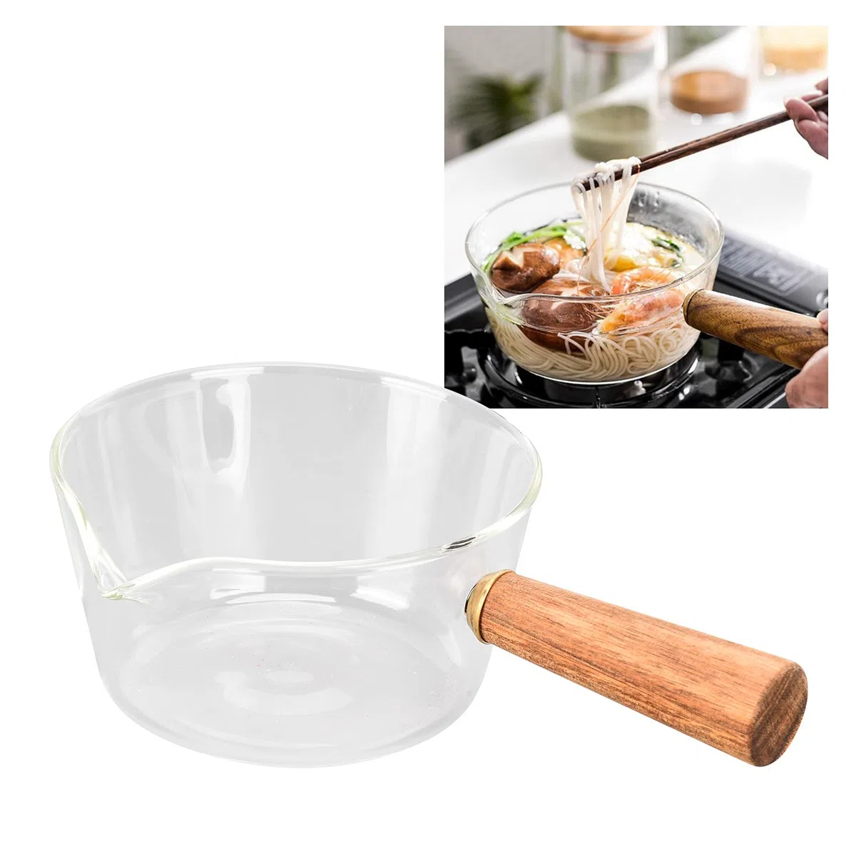Ejoyous Cacerola para leche de cristal con mango de madera, cacerola, cacerola, cacerola para pasta con pico en V, cacerola para leche, sopa, pasta, huevos, arroz (400 ml)