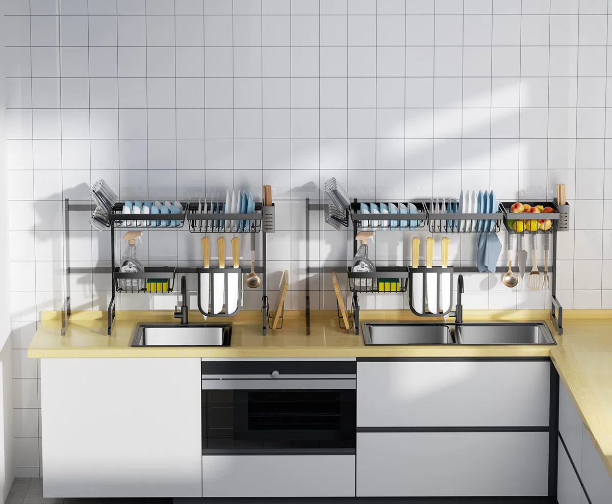 Luchs - Escurreplatos de acero inoxidable, soporte para platos, bandeja para cubiertos, escurreplatos para el fregadero de la cocina, estante para platos, organizador multifuncional para la cocina 65